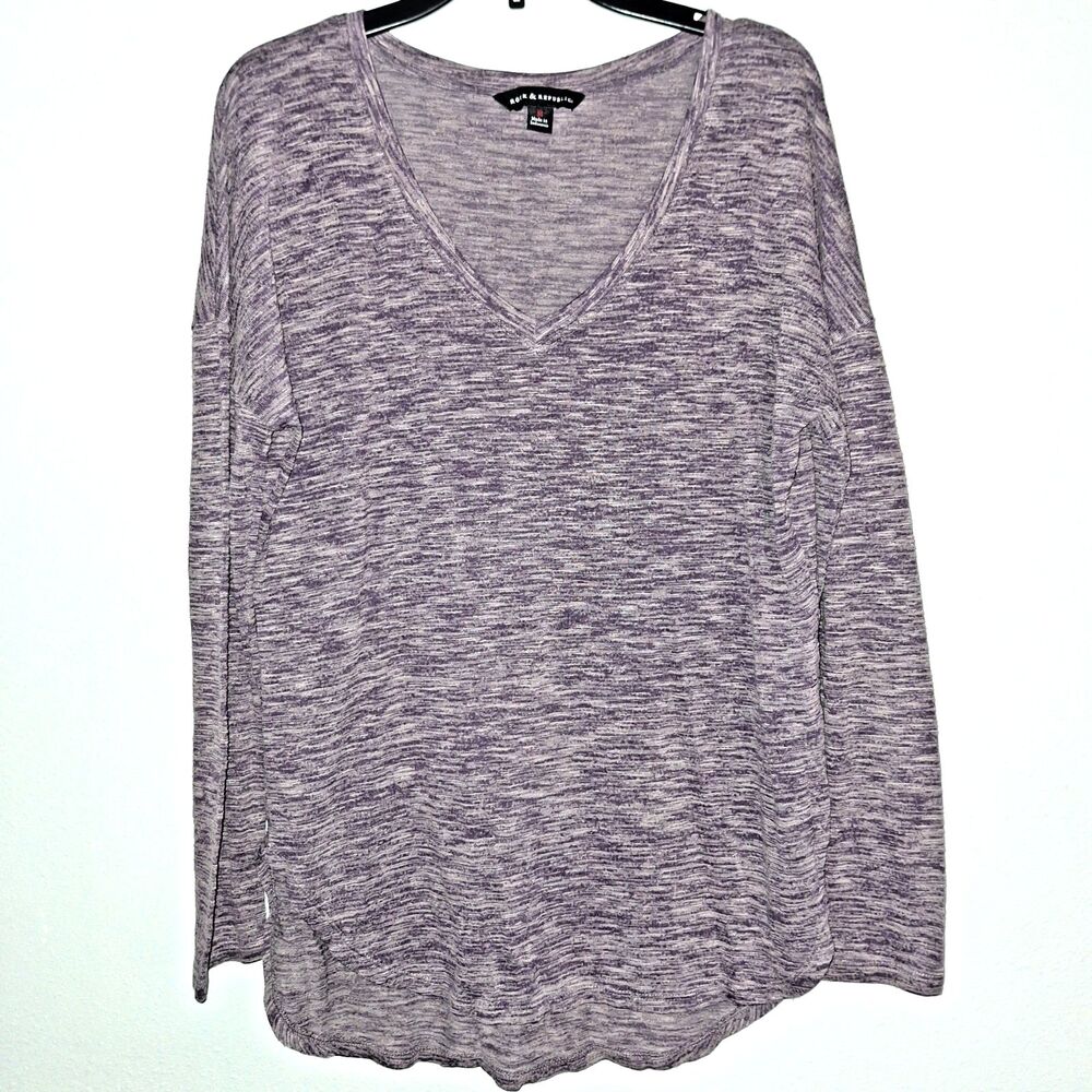 Rock & Republic Purple White Long Sleeved Shirt Women's Sz Medium V-neck Top